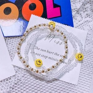 Korean Cute Sunflower Smile Clear Acrylic Beaded Adjustable Bracelet Set of 3
